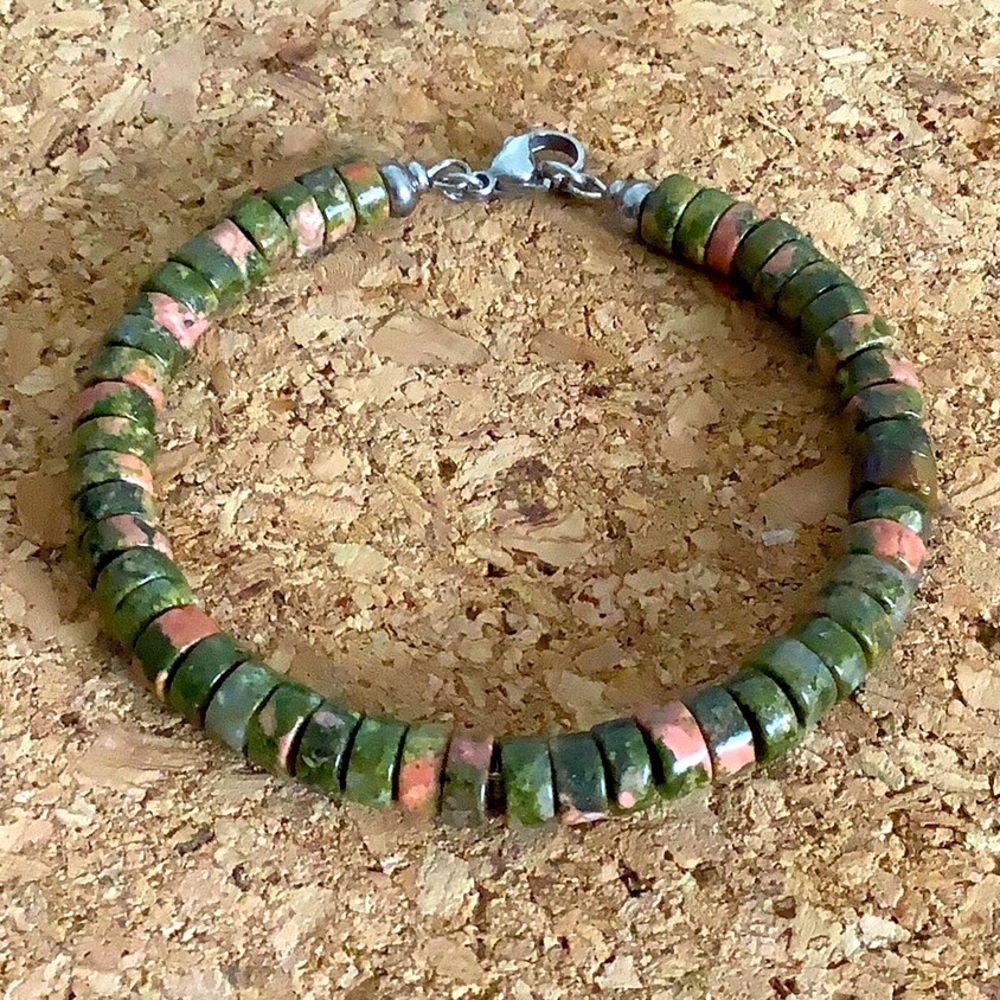 Unakite Tyre Bead Bangle bracelet fits 6.5-7.5” wrist